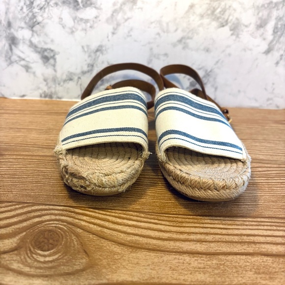TORY BURCH Stretch-Canvas Espadrille Sandals Ankle Wrap Natural/Blue Size 7 - Picture 4 of 11